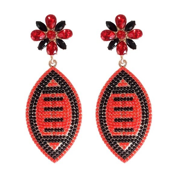 New Red & Black Rhinestone Football Drop Dangle Earrings - Picture 2 of 12